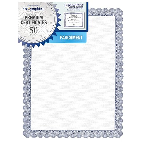 Geographics Conventnl Blue Printable Certificates - 24 lb Basis Weight - 11" Width x 8.5" Length - Inkjet, Laser Compatible - Blue with White Border - Parchment Paper - 50 / Pack