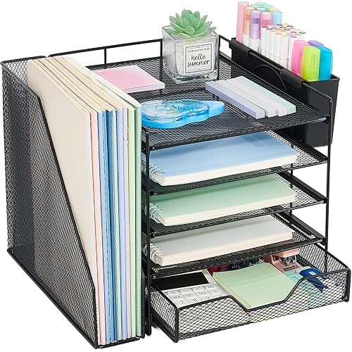 Gugsey 5-Tier Desk File Organizer with Drawer & Pen Holder (Black) | Desk Organizers and Accessories, Office Desk Accessories & Workspace Desktop Organizers for Classroom, Home, Office Supplies