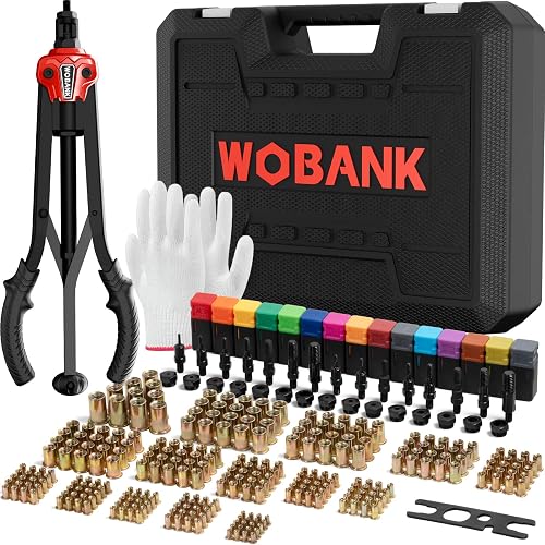 Rivet Nut Tool Kit, 16" Rivnut Tool with 15 Mandrels & 290 Rivet Nuts | Professional Nutsert Tool Kit with Wrench, Gloves & Carrying Case, Auto Release Nut Design for Automotive, Construction & DIY