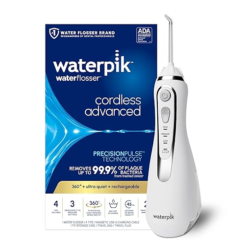 Waterpik Cordless Advanced Portable Water Flosser, Rechargeable, White | 3 Settings, 4 Tips, Travel Bag, for Gums, Teeth, Dental Braces, Implants, Shower Use ADA Accepted WP-580 Packaging May Vary