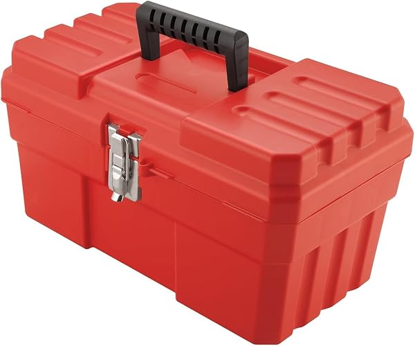 Akro-Mils 14-Inch Plastic Toolbox with Removable Tray, Steel Latch & Padlock Eye, Industrial-Grade Tool Box for Tools, Crafts, First Aid & Hobby Supplies, 14" x 8" x 8", Made in USA, Red (09514)