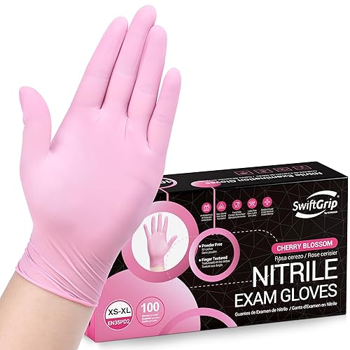 SwiftGrip Pink Nitrile Gloves, 3-mil, Industrial Gloves Disposable Latex Free, for Cleaning & Esthetician, Rubber Powder-Free, 100-ct Box (Small)