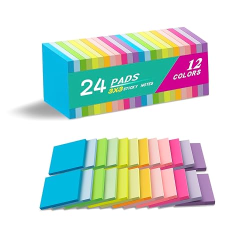 (24 Pads) Sticky Notes 3x3 Inches,Bright Colors Self-Stick Pads | Easy to Post for Home, Office, Notebook