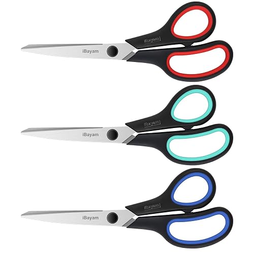 iBayam 8.5" Heavy Duty Scissors All Purpose for Office School Crafts Sewing | 3-Pack, Ultra-Sharp 2.5mm Stainless Blades, Comfort Grip Handles, Left & Right Handed – Teacher Desk & Classroom Must-Have