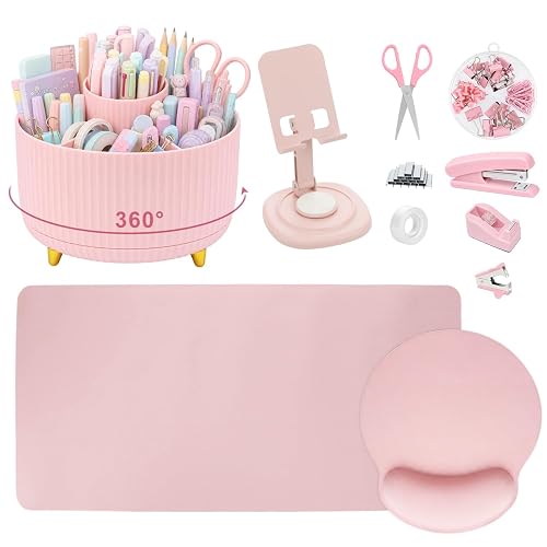 76Pcs Pink Desk Accessories Set, Office School Supplies for Women Girls | Cute 360° Rotating Pen Holder for Desk/Mat/Wrist Rest Mouse Pad/Phone Stand and More, for College Teacher Back to School