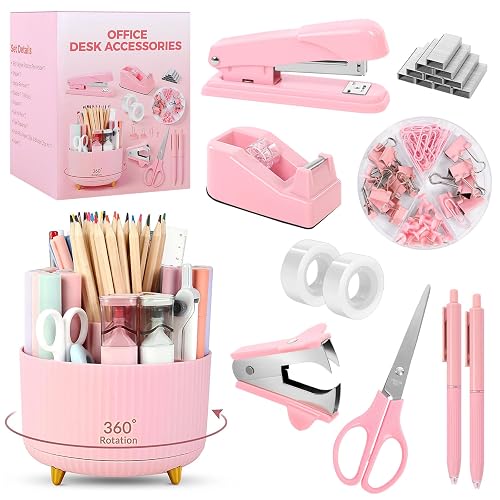 SKYDUE Pink Office Supplies Set, Pencil Holder for Desk,Gel Pen, Stapler, Tape Dispenser, Scissors,Clips and 1000pcs Staples, Office Decor for Women, Pink Desk Accessories