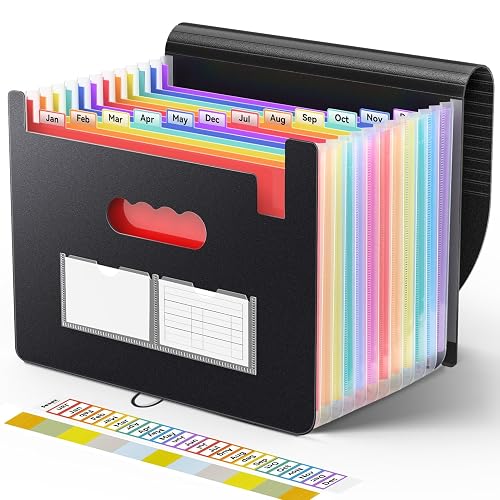 Sooez Accordion File Organizer, 13 Pocket Expanding File Folders, Letter/A4 | Portable Monthly Paper Bill Tax Receipt Organizer, Letter A4 Size Document Holder with Blank Labels, Black