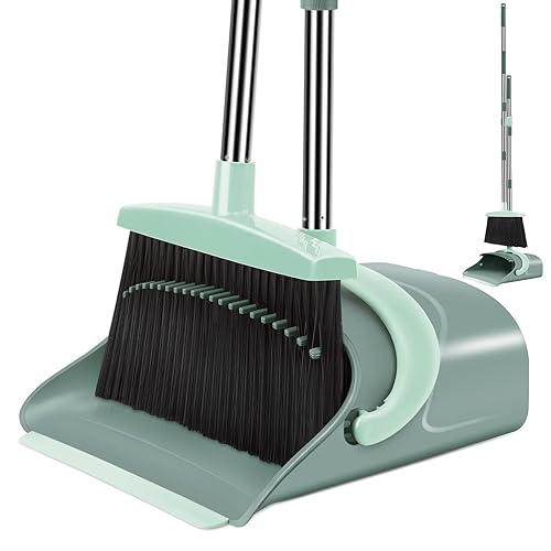 Ivandar Broom and Dustpan Set for Home, Dust pan with Long Handle, Broom with Dustpan Combo Set, for Home Kitchen Room Office Lobby Floor Use Upright Stand Up Sweeping (Gray&Green)