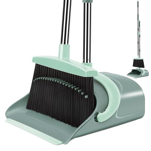 Ivandar Broom and Dustpan Set for Home, Dust pan with Long Handle, Broom with Dustpan Combo Set, for Home Kitchen Room Office Lobby Floor Use Upright Stand Up Sweeping (Gray&Green)
