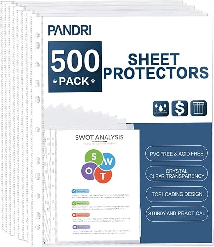 PANDRI 500 Pack Heavy Duty Sheet Protectors Fit 3 Ring Binder, Letter Size | Clear Heavy Duty Plastic, 9.25 x 11.25 inch, Reinforced 11-Hole, Fit for 3 Ring Binder, Top Loaded, Excluding Acid