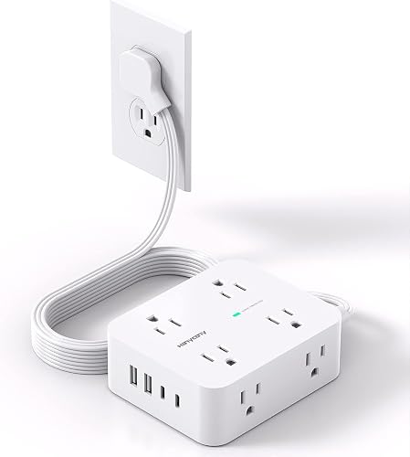 Surge Protector Power Strip, HANYCONY Extension Cord with Multiple Outlets | 5 Ft Ultra Thin Flat Plug 8 Outlets 4 USB Ports(2USB C), 1080J Outlet Extender for Home Office College Dorm Room Essentials