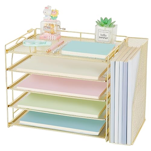 AUPSEN Gold Desk Organizers and Accessories, 5-Tier Desktop Paper File Organizer with Removable File Holder, Desk Accessories & Workspace Organization for Home Office Supplies (Gold)