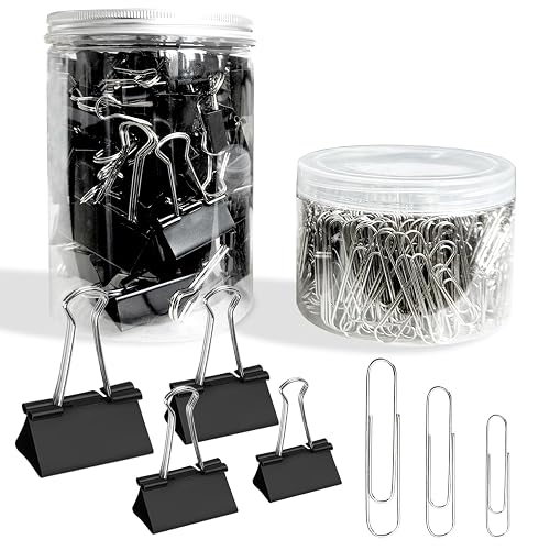 850 Pack Paper Clips and Binder Clips Assorted Sizes, | 750pcs Paper Clips and 100Pcs Binder Clips Assorted Sizes in Container for Home Office and School Supplies