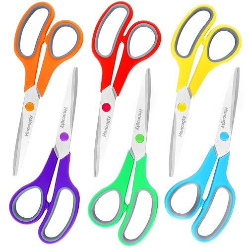 Scissors, Hnncugty 8" Scissors All Purpose Heavy Duty Bulk Set of 6-Pack | Sharp Shears for Office Home Craft Sewing Fabric, Middle School Supplies Student Teacher Supplies Comfort Right/Left Handed
