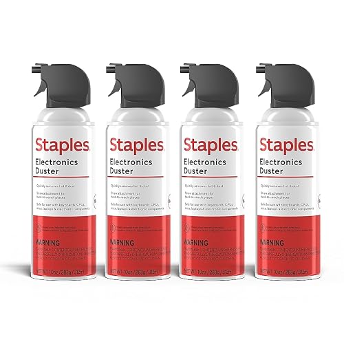 Staples Compressed Air Duster – 10 oz. Cans for Electronics, Keyboards & Office Devices, 4‑Pack | Blasts dust from keyboards, laptops, vents and hard-to-reach gear. 4 cans per pack.