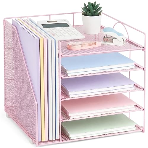 LEKETREE Desk Organizers and Accessories, 5-Tier Paper Letter Tray Organizer with File Holder, Desktop Organizer for Office Supplies (Pink)