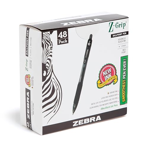 Zebra Pen Z-Grip Retractable Ballpoint Pen, Black Ink, 1.0mm, 48 Bulk-Pack | Smooth Writing, Medium Point Tip, Ideal for Planners, Note-Taking, School and Office Supplies, and Everyday Writing (22148)