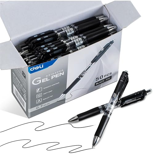 deli Gel Pens, 50 Pcs Retractable Pens Black Ink, Medium Point Pen 0.7mm | Smooth Writing, Fast Dry, No Bleed for Journaling Note Taking, Home School Office Supplies
