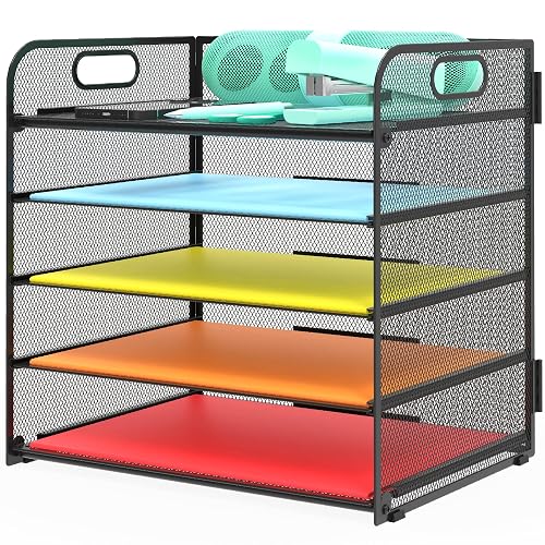 Letter Tray Paper Organizer 5-Tier Desk Organizer File Organizer Paper Holder with Handle, Metal Desktop Document Shelf Tray Office Classroom Organization - Black