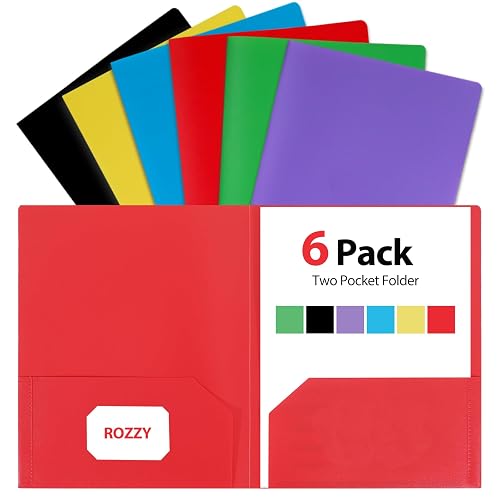 Plastic Folders with Pockets, 6 Rainbow Colors, 2 Pocket, Letter Size | 8.5x11 Paper, Business Card Slot, Black to School Supplies, For Kids / Students / Teachers, Office Organization