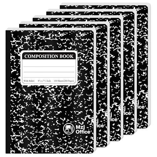 Mzj.Office Marble Composition Notebooks, Wide Ruled, 5-Pack_100 Sheets | Black Marble Covers, 7-1/2" x 9-3/4" Wide Ruled Composition Books for School, Tutoring, and Office Notes for School Supplies.