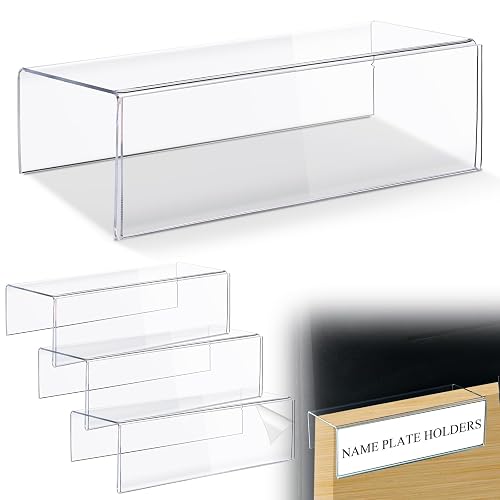 Kathfly 4 Pcs Clear Acrylic Cubicle Name Plate Holders 8.5" L x 2.5" W - Fits 3" Cubicle Wall, Single Sided Sign Holder Plastic Nameplate for Office Home Classroom Library Display