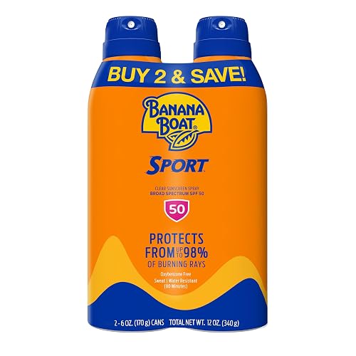 Banana Boat Sport SPF 50 Sunscreen Spray, 6 oz (2 Pack) | Sweat and water resistant sunblock spray, UVA/UVB broad spectrum protection, Lightweight formula, Outdoor use