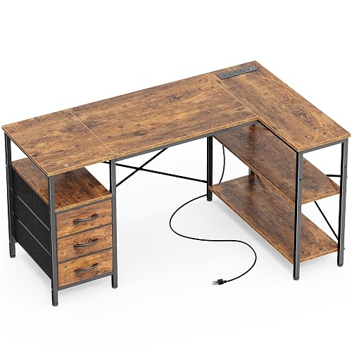 Huuger L Shaped Office Desk with Power Outlets & 3 Drawers | 47 Inch Computer Desk with Shelves, for Gaming, Corner Work, Home Office, Study, Rustic Brown