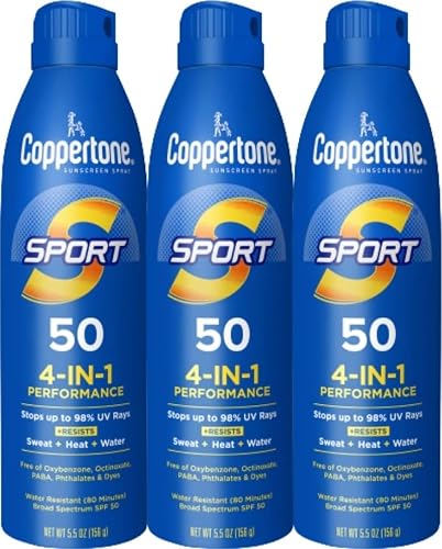 Coppertone SPORT Sunscreen Spray SPF 50, Multipack, 3 x 5.5 FL OZ | Spray Sunscreen Broad Spectrum SPF 50, Sweat, Heat and Water Resistant, PABA, Oxybenzone, Octinoxate, Paraben and Dye Free
