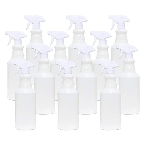 Nu-Foam Heavy-Duty Plastic Spray Bottles, 32 oz Empty Refillable Bottles with Adjustable Nozzle Sprayer, White, Multipurpose for Home and Commercial Use, 12 Pack