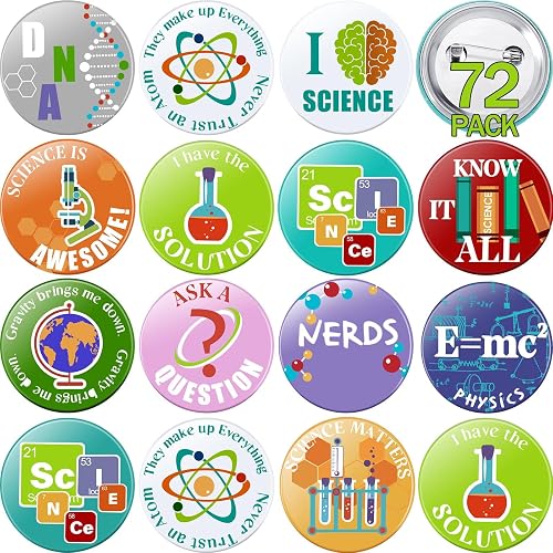 WILLBOND 72 Pcs Science Pins Party Favors Buttons Bulk, Science Theme Pinback Buttons, Chemistry Lab Design Pins for Birthday Party Decorations Accessories, 12 Styles (Cute)