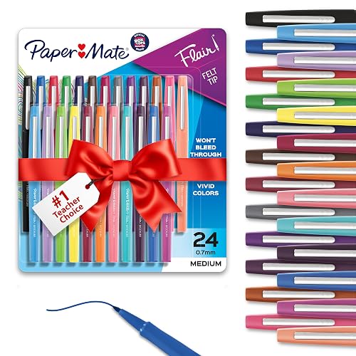 Paper Mate Flair Felt Tip Pens, Medium Point, Assorted Colors, 24 Count - Home, Office, Back to School, Teacher Supplies