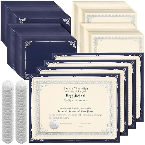 Fainne 100 Sets Certificate Paper Kit Single Sided Awards Holder with Foil Border for 8.5 X11 Certificate Covers Award Seals Stickers Diploma Covers(Navy Blue with Silver Foil)