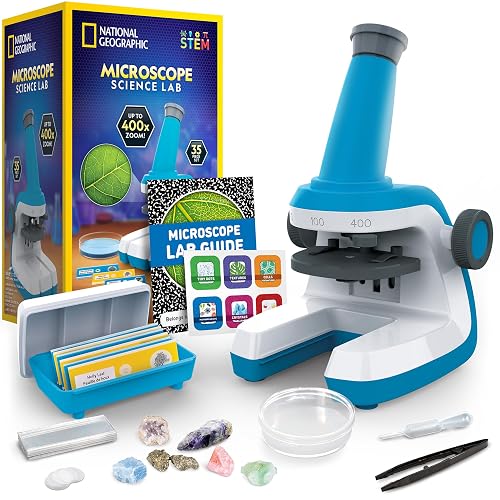 National Geographic Microscope for Kids with Up to 400x Magnification | Prepared and Blank Slides, Rock and Mineral Specimens, Easy-to-Use Science Kit, STEM Project Toy, Ages 6+