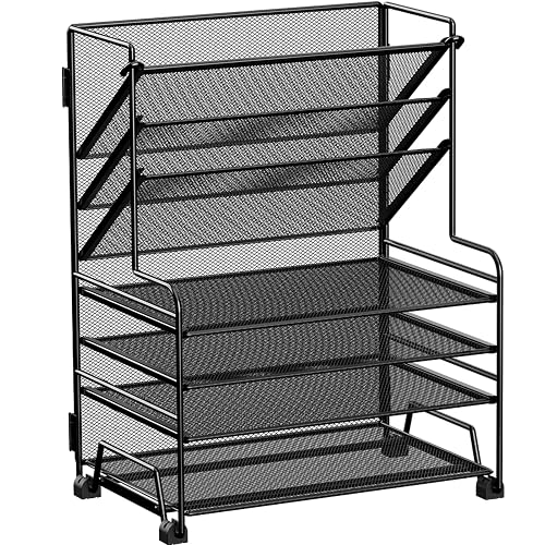 MINDEPOT 4-Tier Paper Organizer + 3-Pocket File Holder + Drawer + Pen Holders, Desktop File Organizers Paper Tray for Office Supplies School Classroom Organization (Black, No Drawer & Pen Holder)