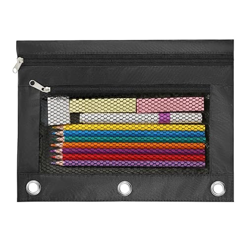 INNOIO 3 Ring Pencil Pouch for Binder, 2-Pocket Zipper Pencil Case with Clear Window & Mesh Pocket, 600D Oxford Fabric Binder Pouch for School Office Supplies, Fits Standard 3-Ring Binders, Black