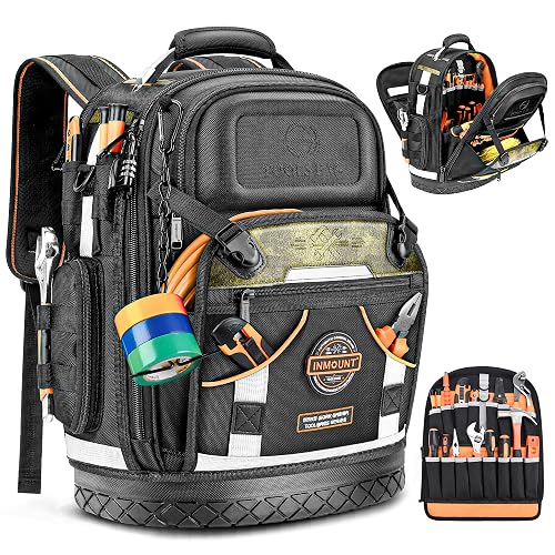 Tool Backpack Bag, HVAC Heavy Duty Construction Tools Backpack for Men, 1680D Professional Level Durable Tool Organizer, with Molded Base & Combination Lock, for Electricians & Home Repair-Version 3.0