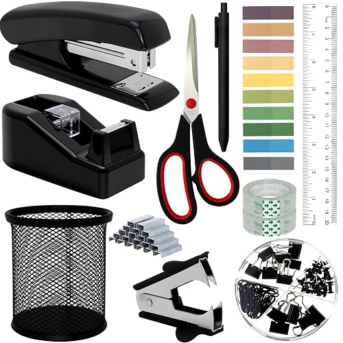 12pcs Black Desk Accessories Office Supplies, Desk Organizers Set Stapler, Tape Dispenser Set, Staples, Clips, Scissor Gift for Students, Coworkers