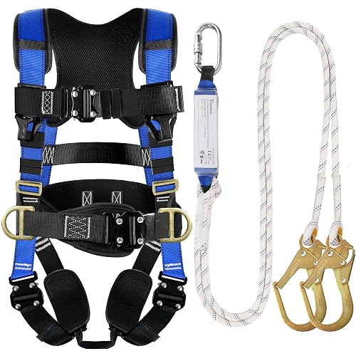 TRSMIMA Safety Harness Fall Protection - Harness Kit for Men Construction | Fall Arrest Roofing Harness Kit Men Full Body Harness with Lanyard for Work Upgrade 4 Quick Buckles