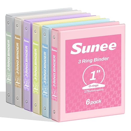 SUNEE 1 Inch Binders 3 Ring 6 Pack, Clear View Three Ring Binders PVC-Free (Fit 8.5x11 Inches) for School or Office Supplies, Pastel Binder