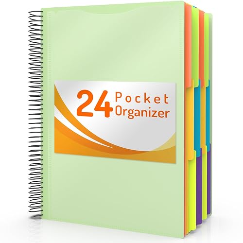 Forvencer 24 Pocket Project Organizer, 1/3-cut Tab Binder Organizer with Sticky Labels, Multi Pocket Folder with Zipper Pouch, Folder Binder Spiral Pocket Notebook, Office Supplies, Letter Size, Green