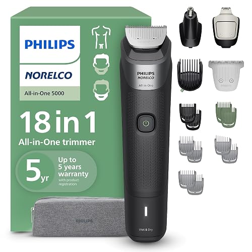Norelco Philips All-in-One 5000 18-in-1 Trimmer, Face, Hair & Body, Black | Beard Styler, Nose, Detail & Body Trimmer, Hair Clipper, Ti Blades, T-Blade, 16 lengths, 3-Hr Runtime, Showerproof, MG5970/49