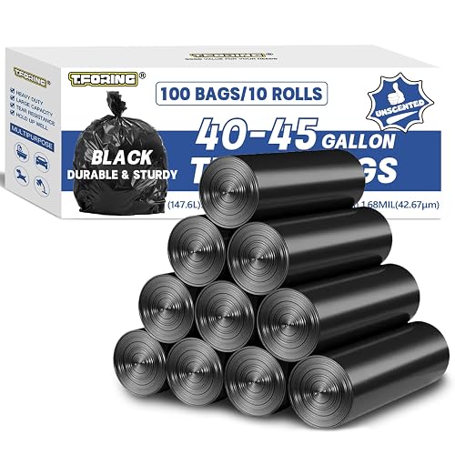 T.FORING 40-45 Gallon Trash Bags Heavy Duty,1.6 Mil,39'' x 47'',100 Count | Large 40+ Gal Black Garbage Bag Unscented,Strong,Fit 150 - 168 Liter Bins,for Construction Industrial Yard Outdoor Commercial