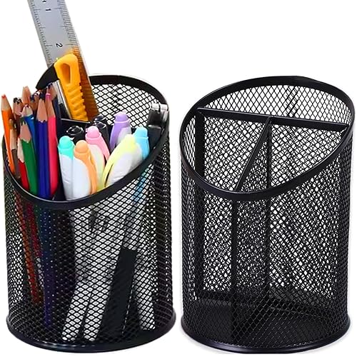 MINDEPOT 2 Pack Pencil Holder Pen Cup for Desk Round Pen Organizer | Mesh Black Pen Holder, Duty Metal, 3 Compartments, Desk Organizer for Home School
