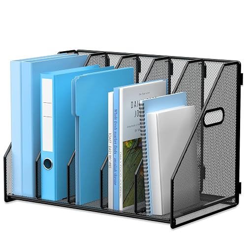 MINDEPOT Desk File Organizer Folder Holder with 5 Vertical for Office Black | Sturdy Metal Mesh, Magazine Folder Holder, Rack File Organizer for Home School, 5 Vertical Compartments