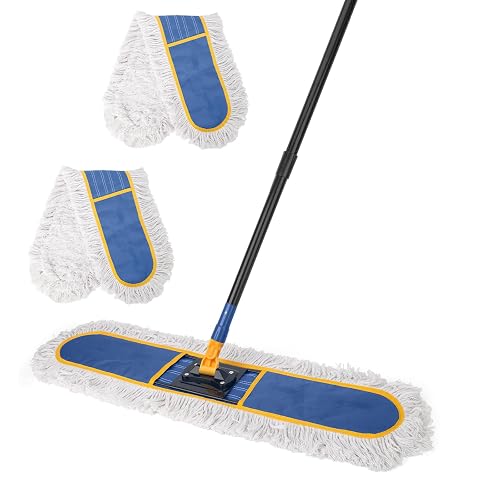 24" Commercial Dust Mop for Floor Cleaning,Heavy Duty Floor Duster, Blue | 2 Cotton Reusable Mop Pads,59” Long Handle Wet Dry Flat Mops for Hardwood Floors,Marble, Laminate,Tile,Concrete,Garage