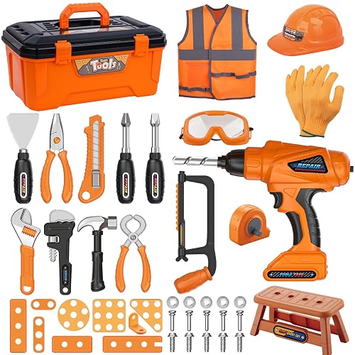MAGIC4U 50PCS Kids Tool Set wtih Electric Drill, Safety Vest, Hat, Goggles | Pretend Play Construction Costume Toy, Tape Measure 12 Tool Equipements, Realistic sounds, Toddler Tool Box for Boy Girl