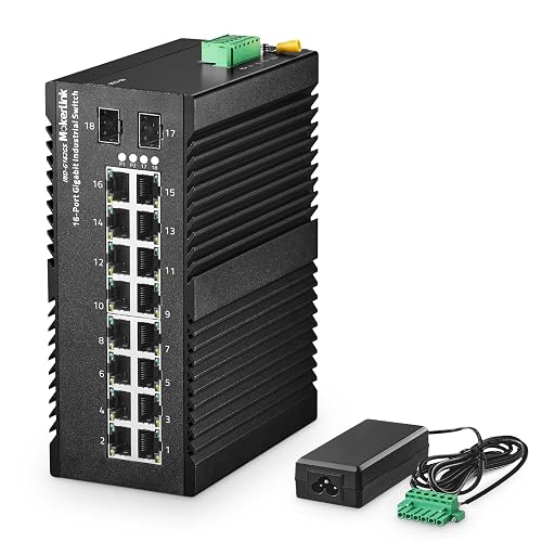 MokerLink 16 Port Gigabit Industrial DIN-Rail Ethernet Switch, 2 Gigabit SFP Ports, Unmanaged IP40 Network Switch (-40 to 185°F), with Power Supply