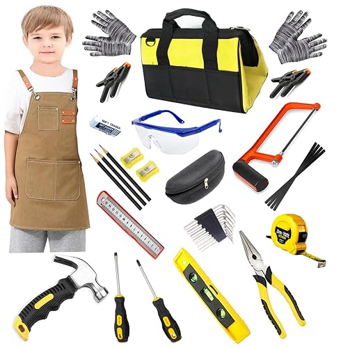 QeeHeng 38-Piece Kids Real Tool Set with Tool Bag & Woodworker Apron, Hand Saw, Children Construction Tools for Ages 6+, Boys & Girls Birthday Gift for DIY Building and Woodworking