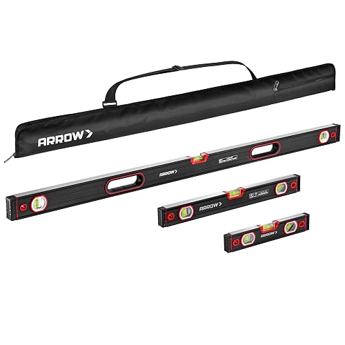 ARROW 3-Piece Spirit Level Set Included 9"/16"/48" Level with Carrying Bag | 45°/90°/180° Bubbles Leveler, Aluminum Alloy Body, Precision-Machined Base & Shockproof End Caps for Construction, Carpentry